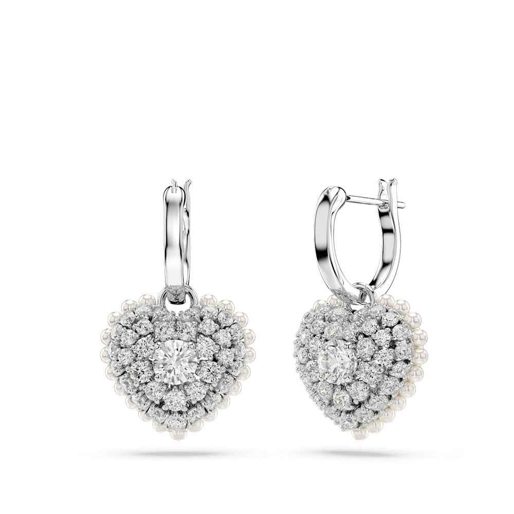 Swarovski Hyperbola Round White Crystal Heart Dangle Earrings in White Rhodium Plating