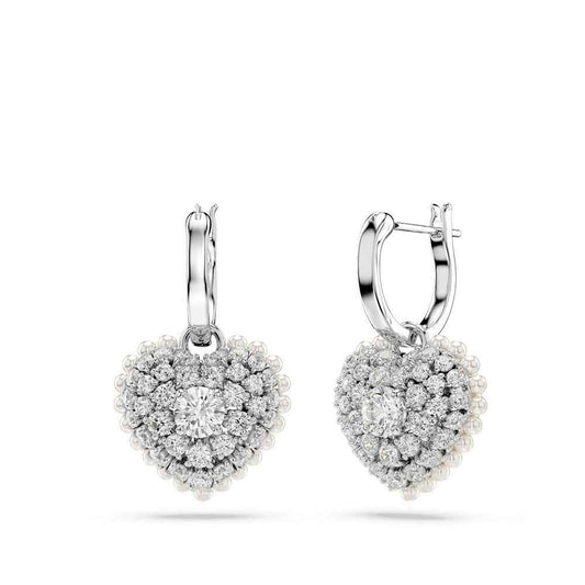 Swarovski Hyperbola Round White Crystal Heart Dangle Earrings in White Rhodium Plating