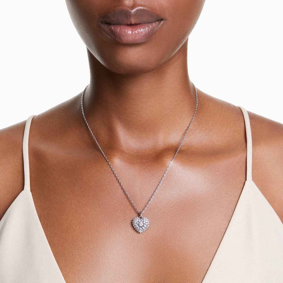 Swarovski Hyperbola Round White Crystal Heart Pendant in White Rhodium Plating front view