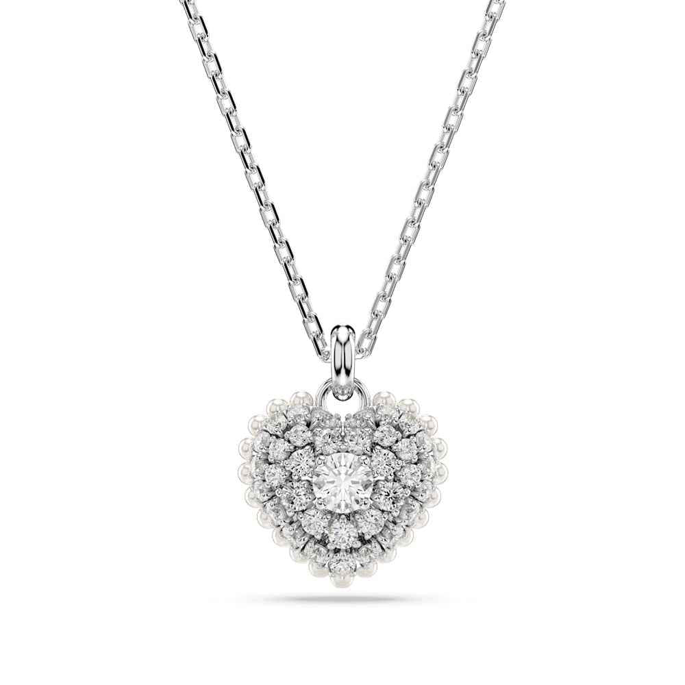 Swarovski Hyperbola Round White Crystal Heart Pendant in White Rhodium Plating
