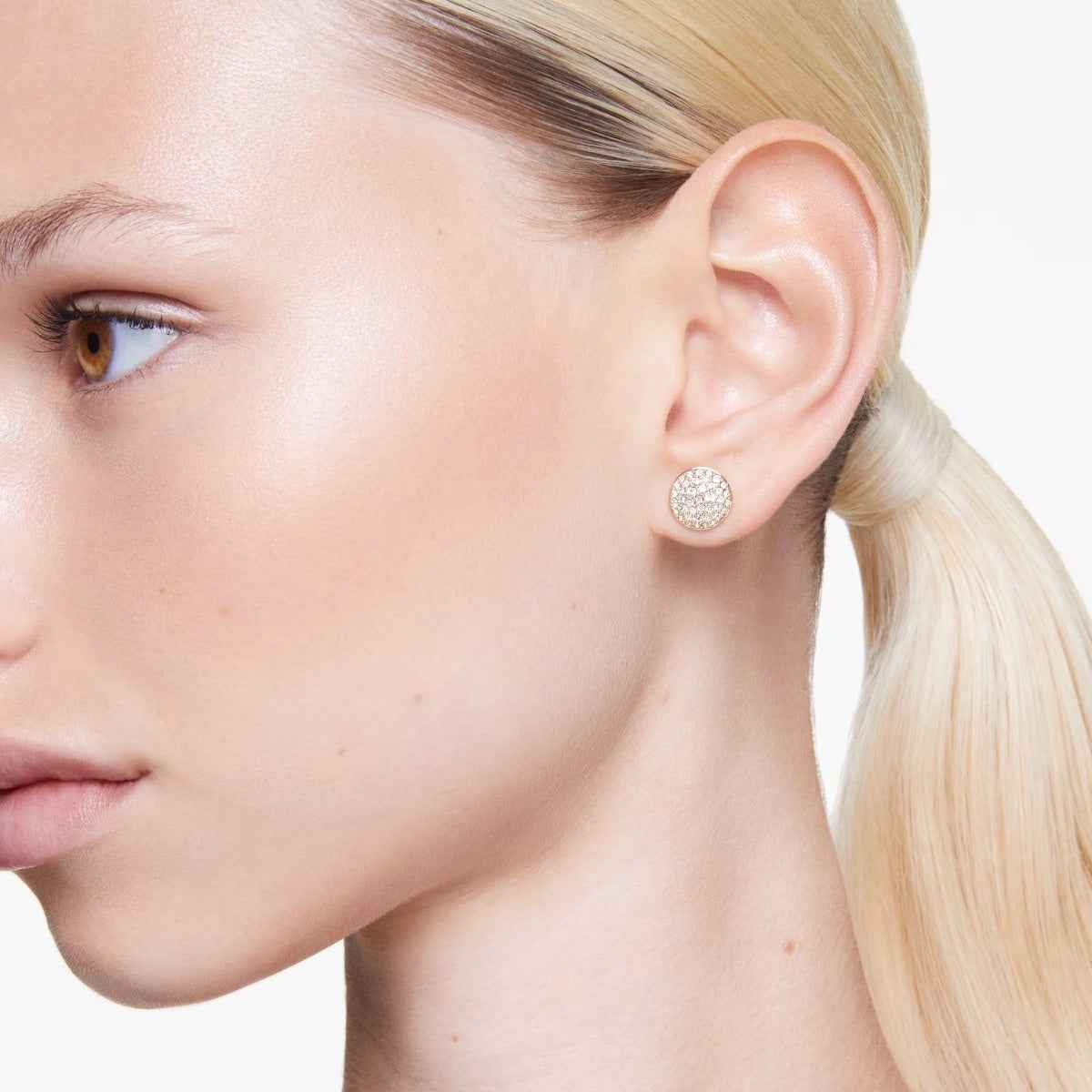 Swarovski Meteora White Round Crystal Earrings in Yellow Gold-Tone Plating front view