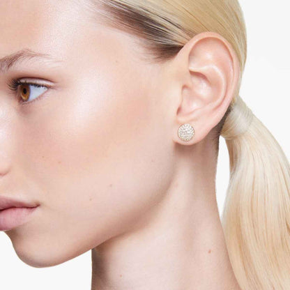 Swarovski Meteora White Round Crystal Earrings in Yellow Gold-Tone Plating front view