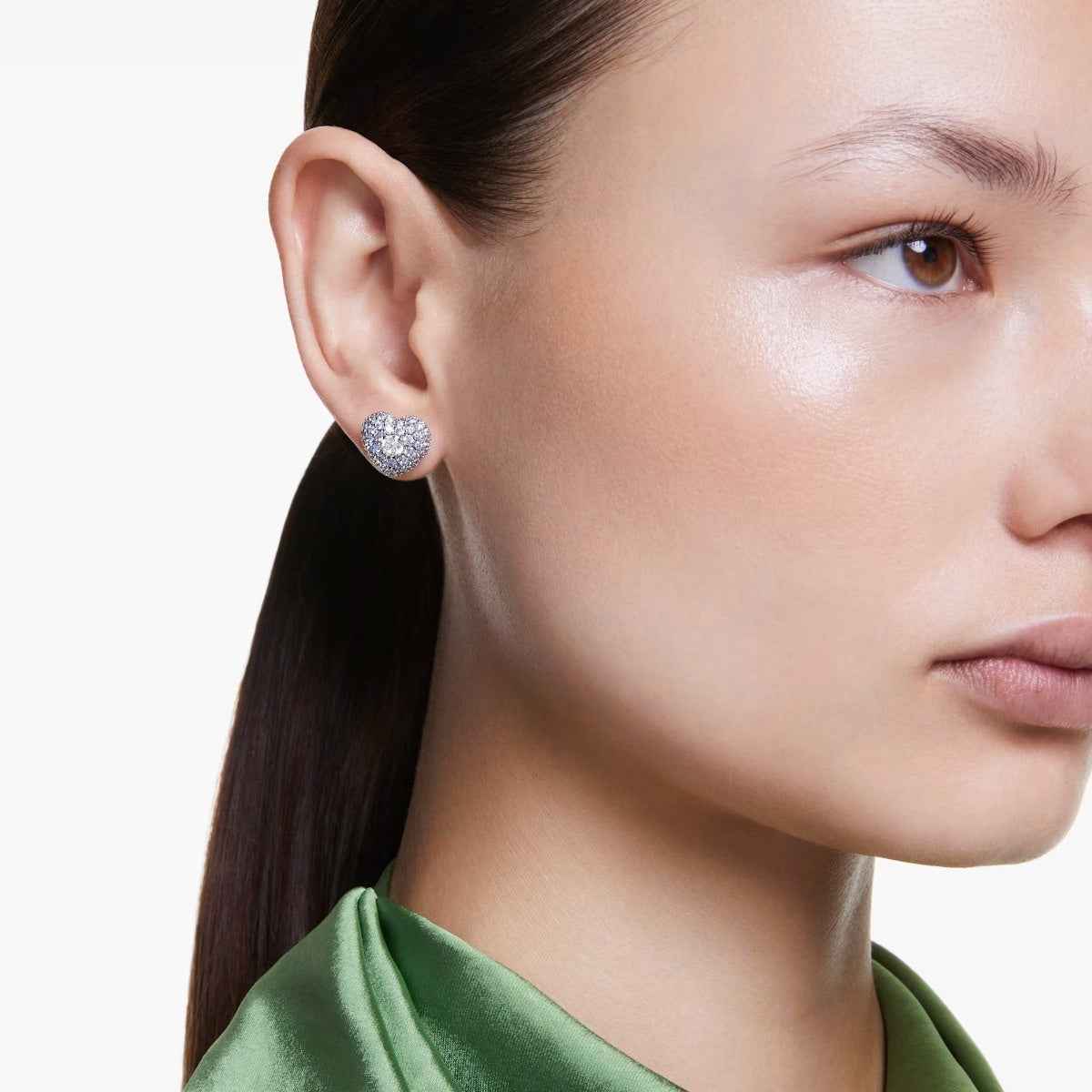 Swarovski Next Hyperbola Round White & Blue Crystal Heart Earrings in White Rhodium Plating front view