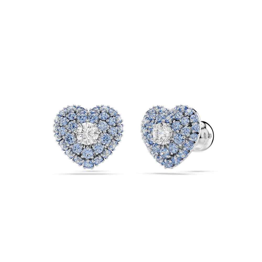 Swarovski Next Hyperbola Round White & Blue Crystal Heart Earrings in White Rhodium Plating