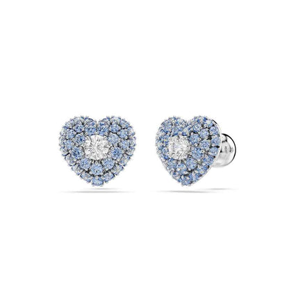 Swarovski Next Hyperbola Round White & Blue Crystal Heart Earrings in White Rhodium Plating