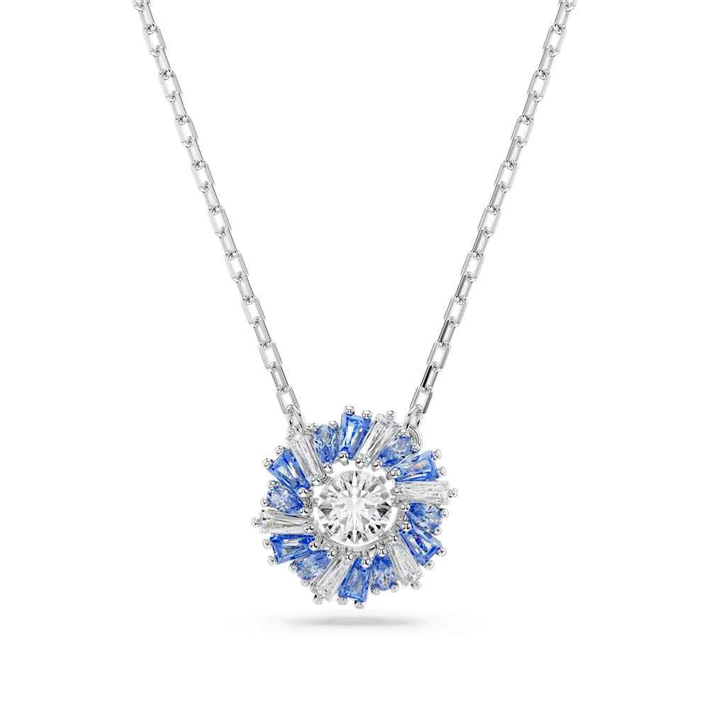 Swarovski Idyllia Round & Baguette White & Blue Crystal Pendant in White Rhodium Plating