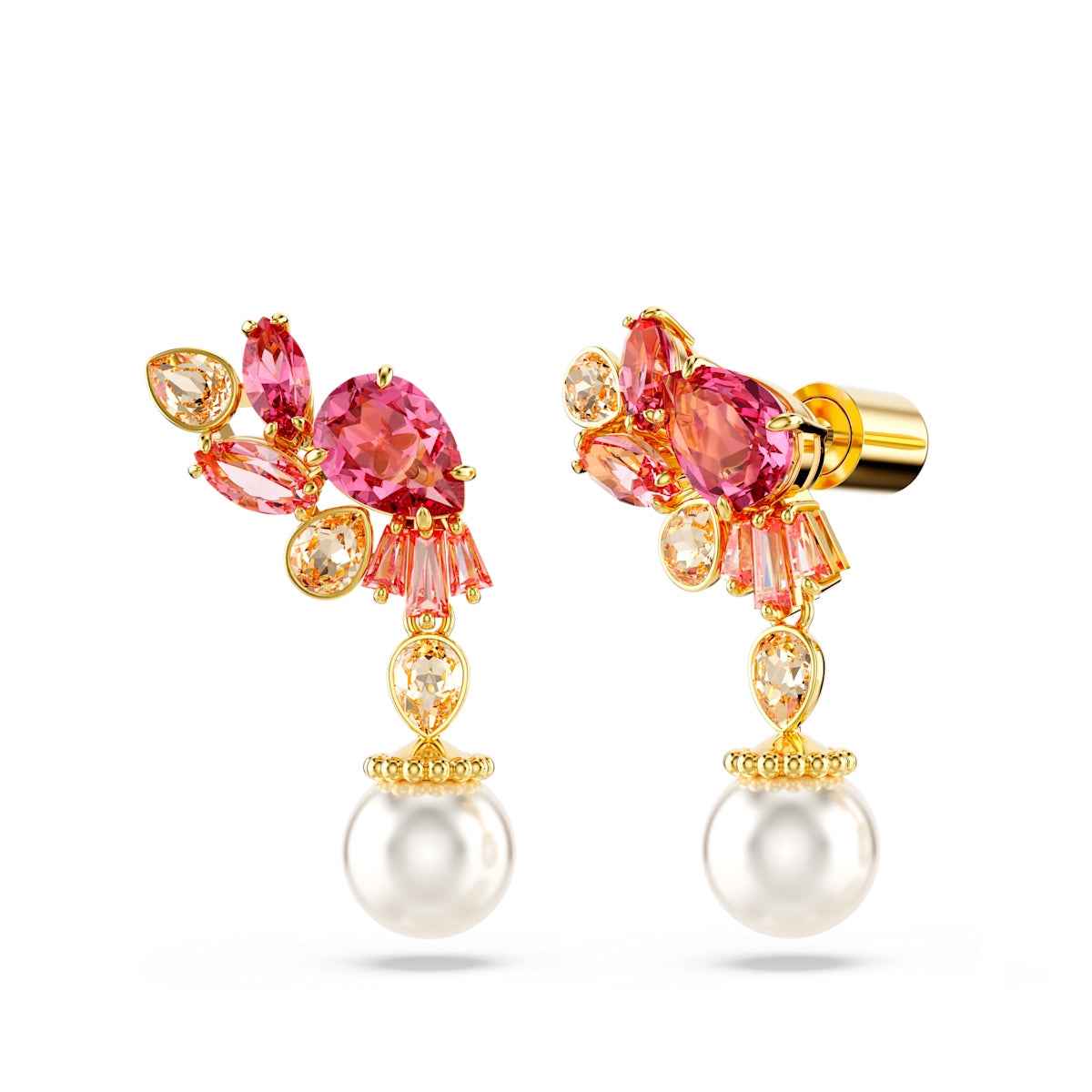 Swarovski Gema Crystal Pearl & Pink & White Multi-Shape Crystal Dangle Earrings in Yellow Gold-Tone Plating