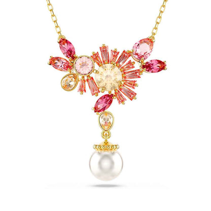 Swarovski Gema Crystal Pearl & Multi-Shape Pink Crystal Necklace in Yellow Gold-Tone Plating