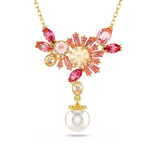 Swarovski Gema Crystal Pearl & Multi-Shape Pink Crystal Necklace in Yellow Gold-Tone Plating