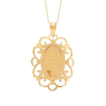 Filigree Oval Mother Mary Pendant in 10K Yellow Gold front view