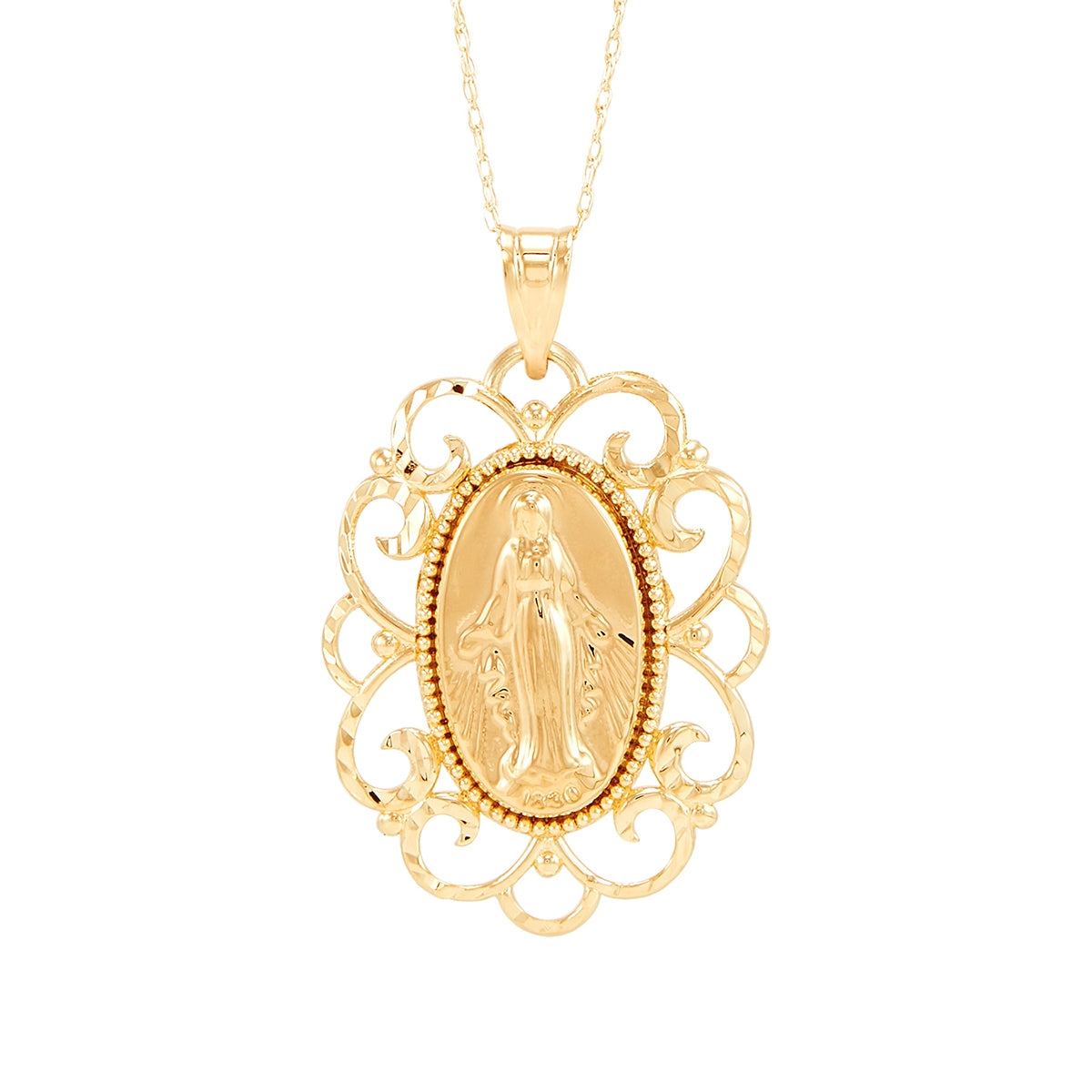 Filigree Oval Mother Mary Pendant in 10K Yellow Gold
