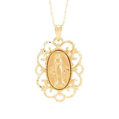 Filigree Oval Mother Mary Pendant in 10K Yellow Gold