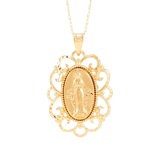 Filigree Oval Mother Mary Pendant in 10K Yellow Gold