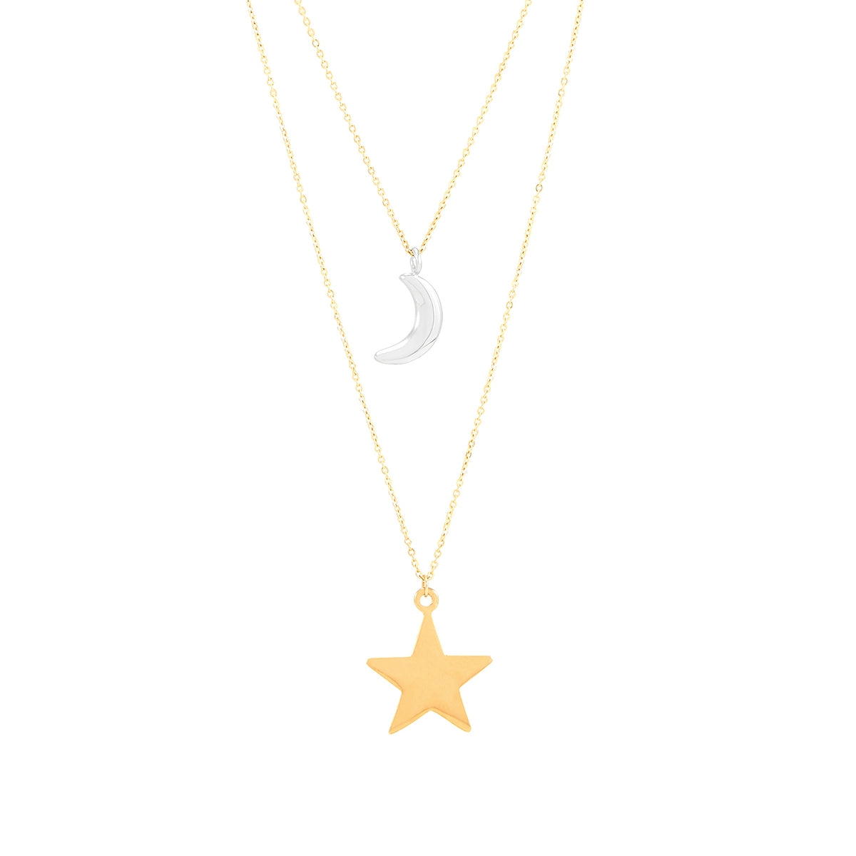 Crescent Moon & Star Layered Necklace in 10K Yellow & White Gold