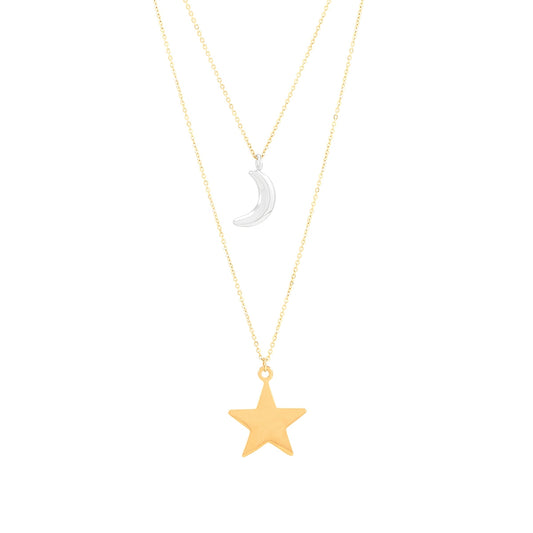 Crescent Moon & Star Layered Necklace in 10K Yellow & White Gold