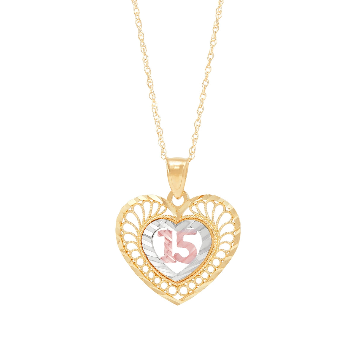 Quinceanera Milgrain Swirl Heart Pendant in 14K Yellow & Pink Gold