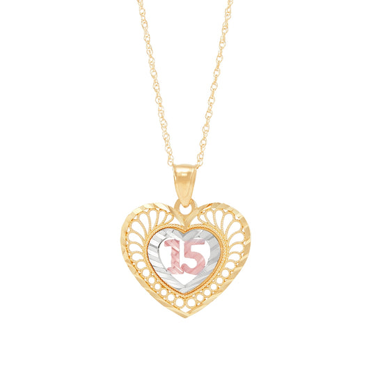 Quinceanera Milgrain Swirl Heart Pendant in 14K Yellow & Pink Gold