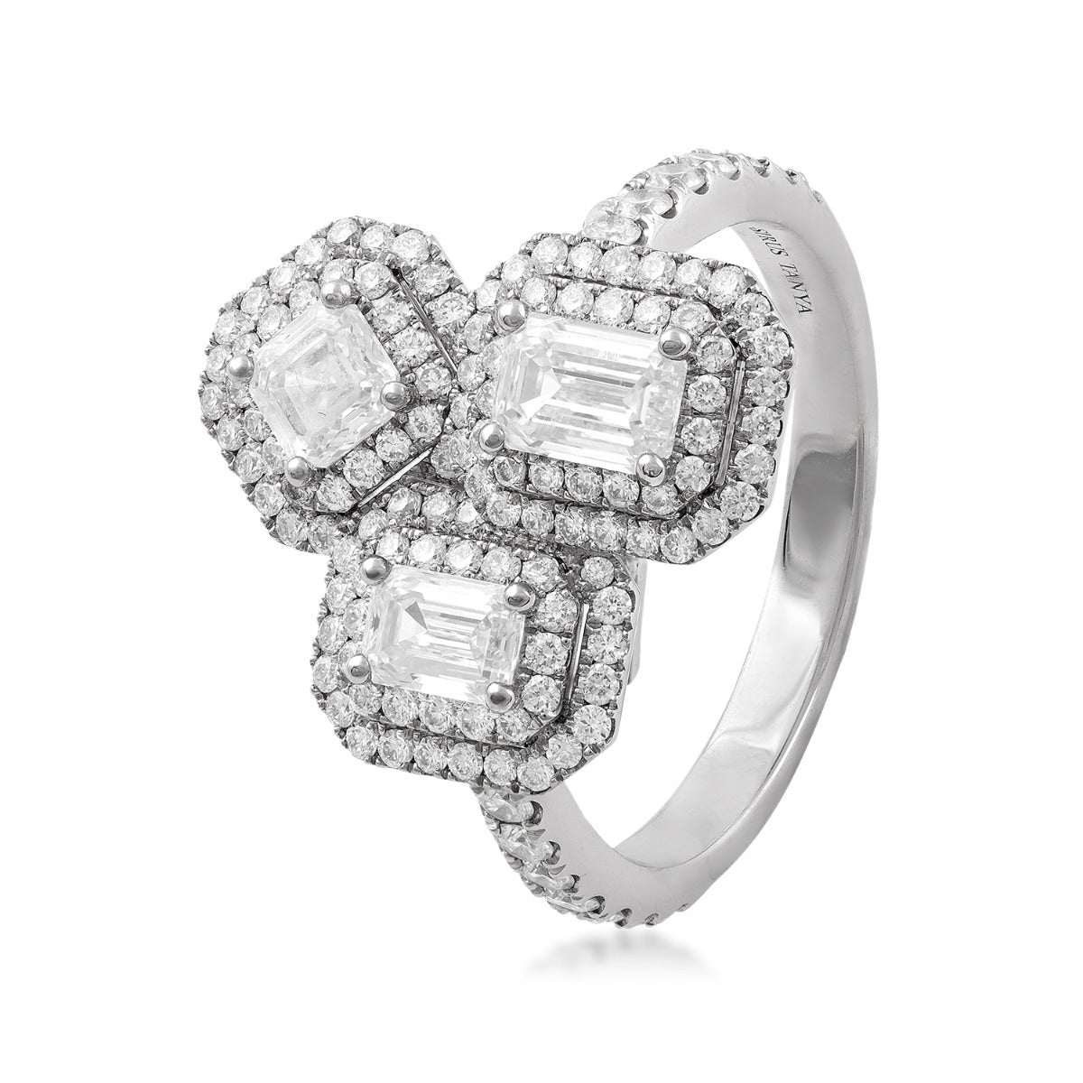 Sirus Tanya 1-7/8 ct. tw. Emerald & Asscher Cut Diamond Trio Ring in 18K White Gold front view