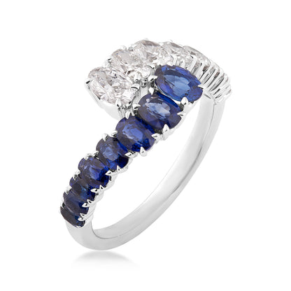 Sirus Tanya 9/10 ct. tw. Oval Diamond & Sapphire Bypass Ring in 18K White Gold front view