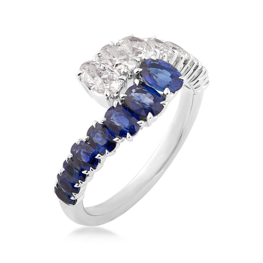 Sirus Tanya 9/10 ct. tw. Oval Diamond & Sapphire Bypass Ring in 18K White Gold front view