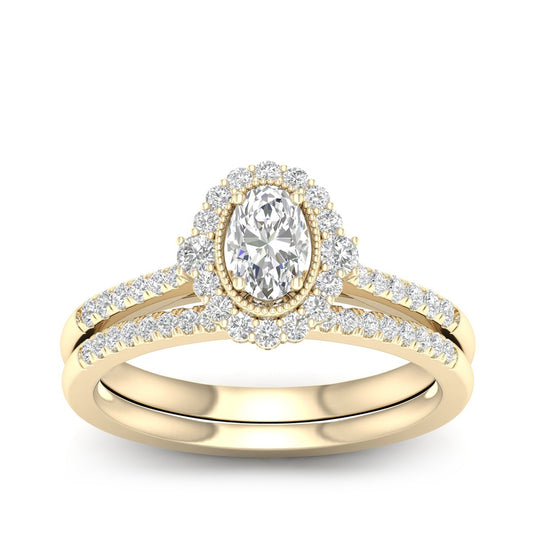 Natural 7/8 ct. tw. Oval Diamond Milgrain Halo Wedding Set in 14K Yellow Gold