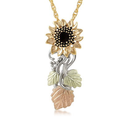 Black Hills Gold Sunflower & Hanging Leaf Pendant in 10K Yellow & White Gold