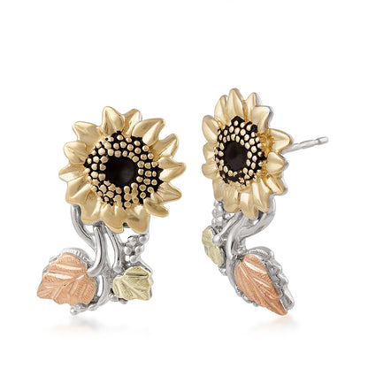 Black Hills Gold Sunflower & Hanging Leaf Earrings in 10K White & Yellow Gold