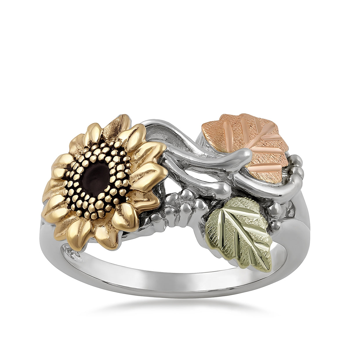 Black Hills Gold Sunflower & Leaf Ring in 10K White & Yellow Gold