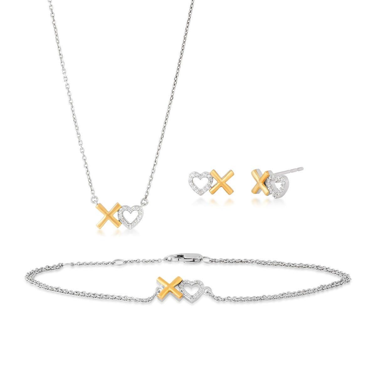 1/10 ct. tw. Diamond X & Heart Earring, Bracelet, & Necklace Set in Sterling Silver & 10K Yellow Gold