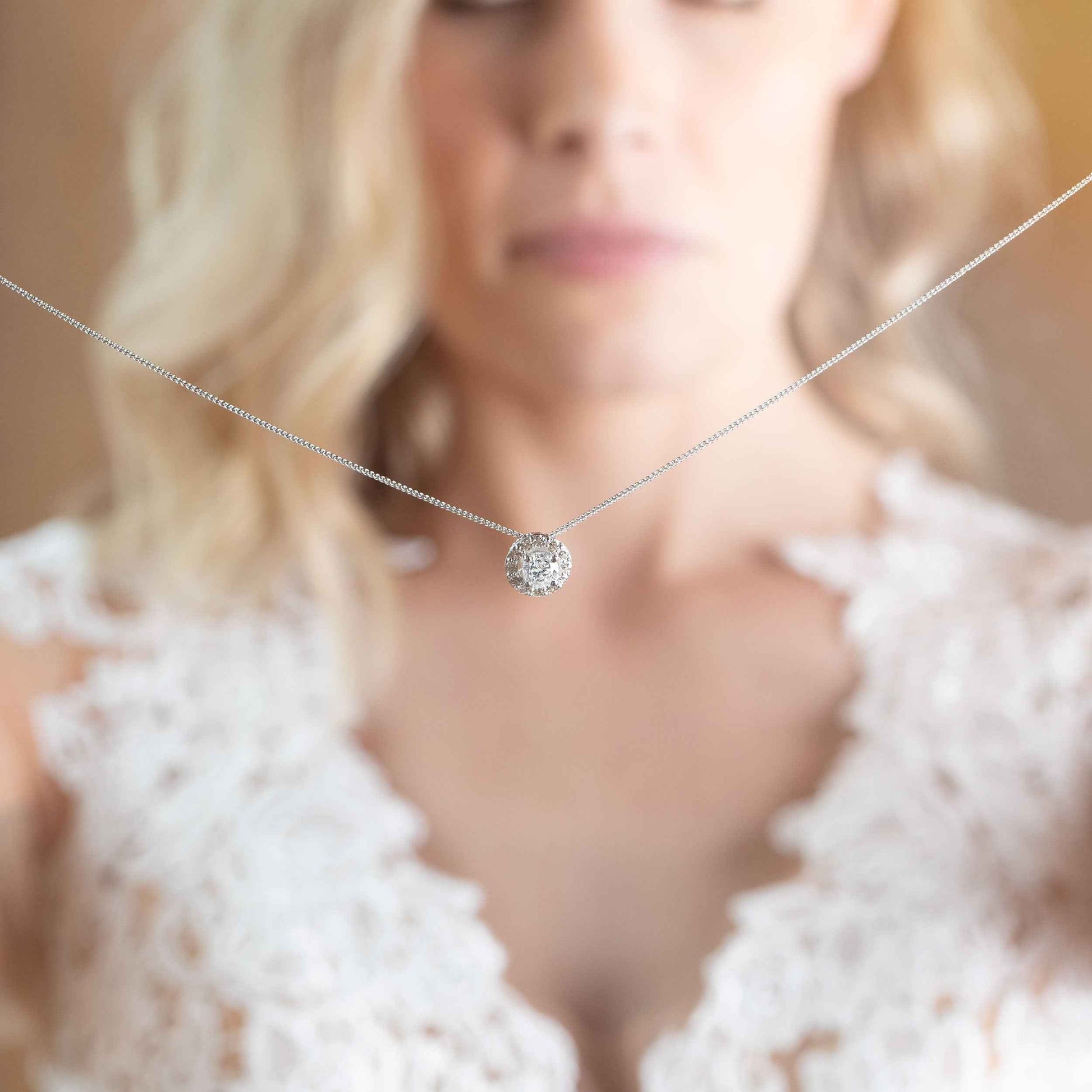 1-1/2 ct. tw. Round Brilliant Diamond Halo Pendant in 10K White Gold close-up detail