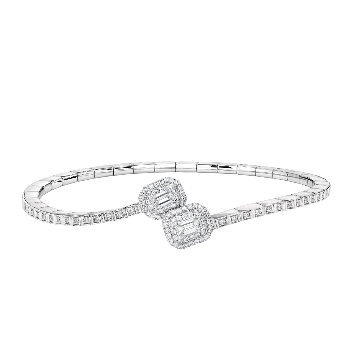 Sirus Tanya 1-1/10 ct. tw. Emerald Cut Diamond Bypass Flex Bangle Bracelet in 18K White Gold