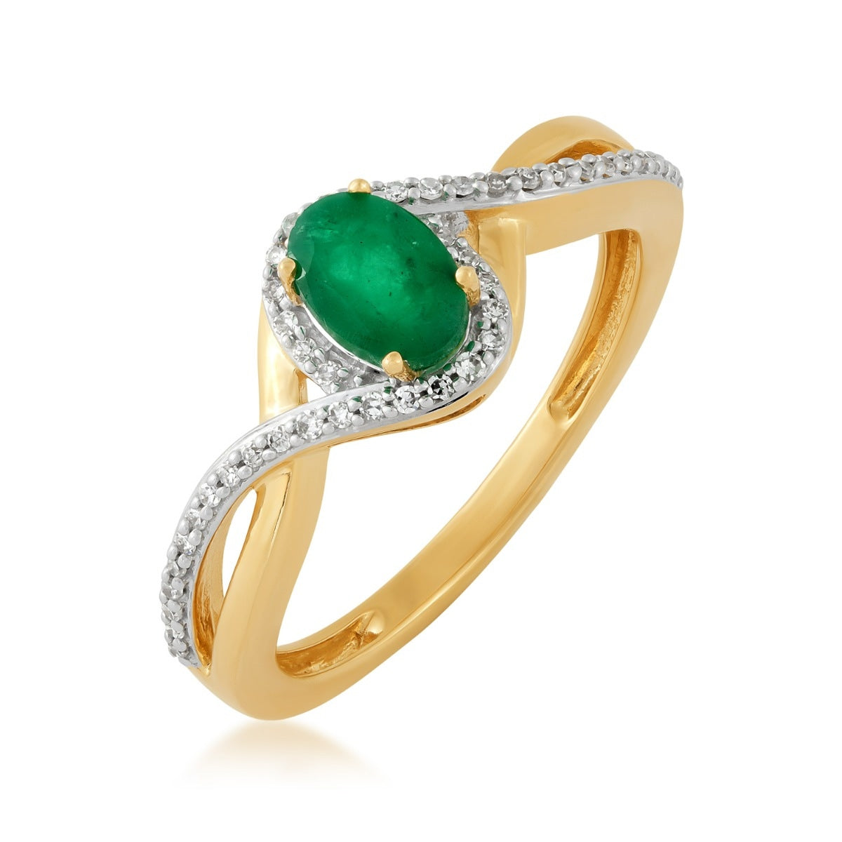 Infinite Love Oval Emerald & 1/10 ct. tw. Diamond Halo Crossover Ring in 10K Yellow Gold front view