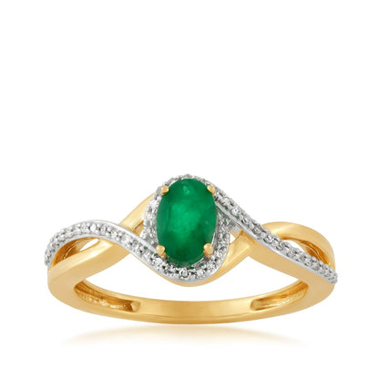 Infinite Love Oval Emerald & 1/10 ct. tw. Diamond Halo Crossover Ring in 10K Yellow Gold