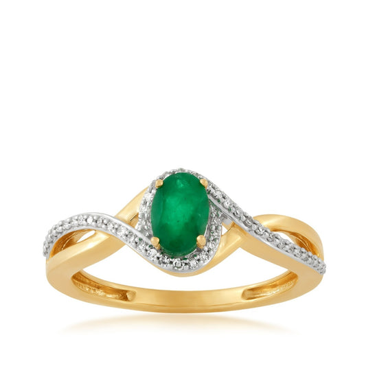 Infinite Love Oval Emerald & 1/10 ct. tw. Diamond Halo Crossover Ring in 10K Yellow Gold