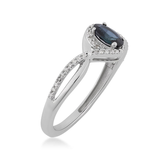 Infinite Love Oval Sapphire & 1/10 ct. tw. Diamond Halo Crossover Ring in 10K White Gold front view