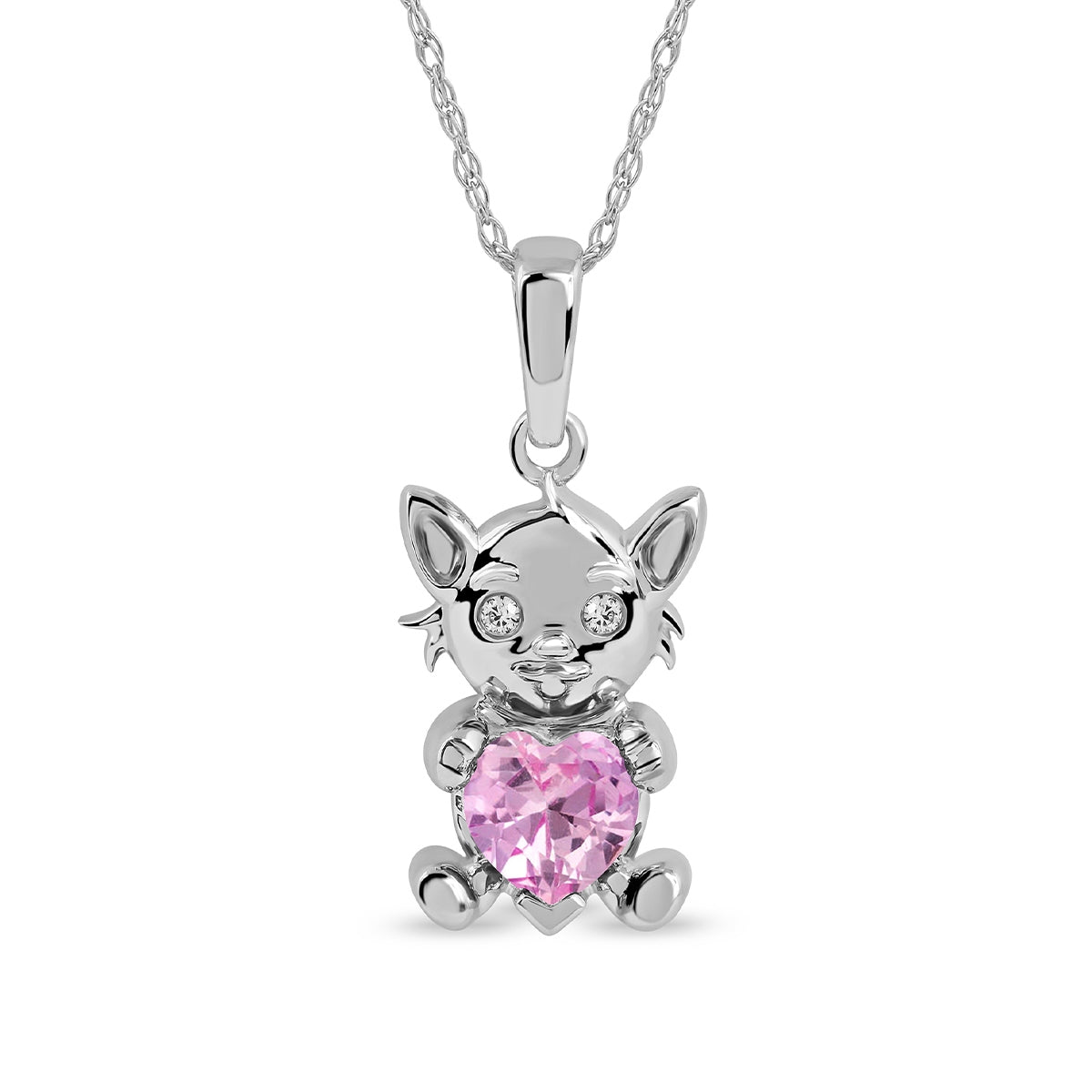 Created Heart Pink & White Sapphire Kitty Pendant in Sterling Silver