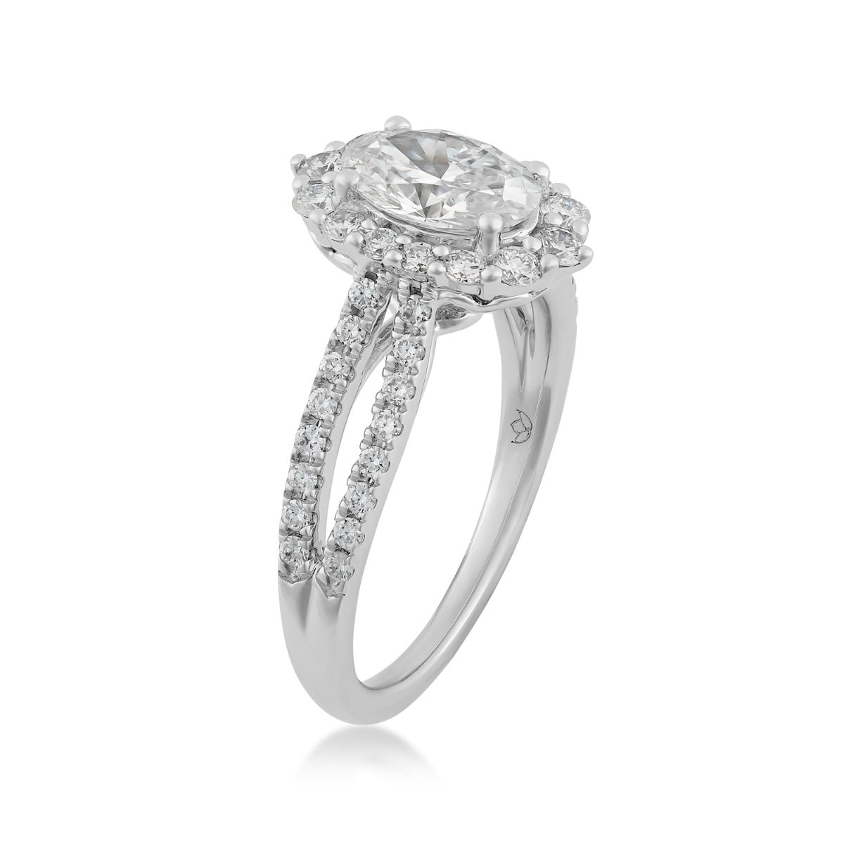 Radiance by Adamante 1-1/2 ct. tw. Lab-Grown Oval Diamond Halo Split Shank Engagement Ring in 14K White Gold front view