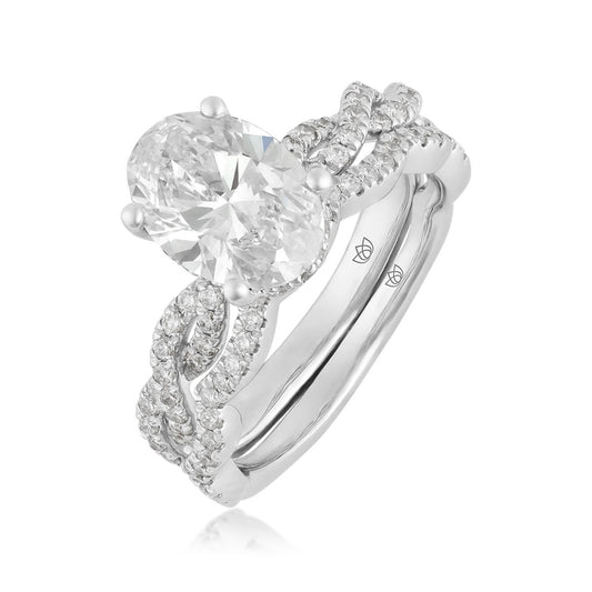 Radiance by Adamante 2-1/2 ct. tw. Lab-Grown Oval Diamond Hidden Halo Twist Wedding Set in 14K White Gold front view