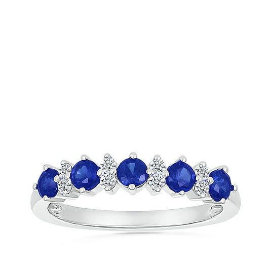 Created Sapphire & 1/10 ct. tw. Diamond Alternating Ring in 10K White Gold