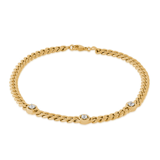 Demi Fine 1/6 ct. tw. 3-Stone Diamond 3.75mm 7.5-inch Miami Cuban Chain Bracelet in 10K Yellow Gold