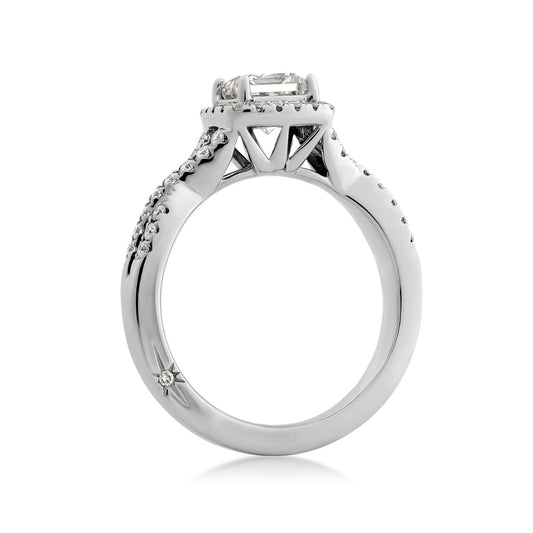 Natural 1-1/3 ct. tw. Princess Cut Diamond Halo Twist Engagement Ring in 18K White Gold close-up detail