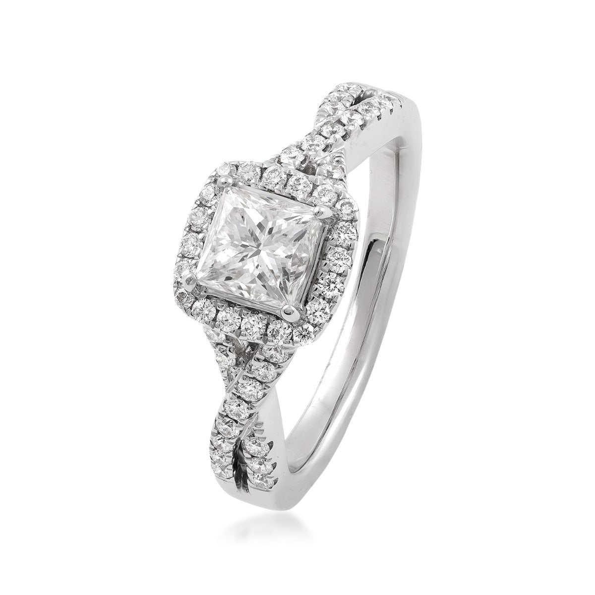 Natural 1-1/3 ct. tw. Princess Cut Diamond Halo Twist Engagement Ring in 18K White Gold front view