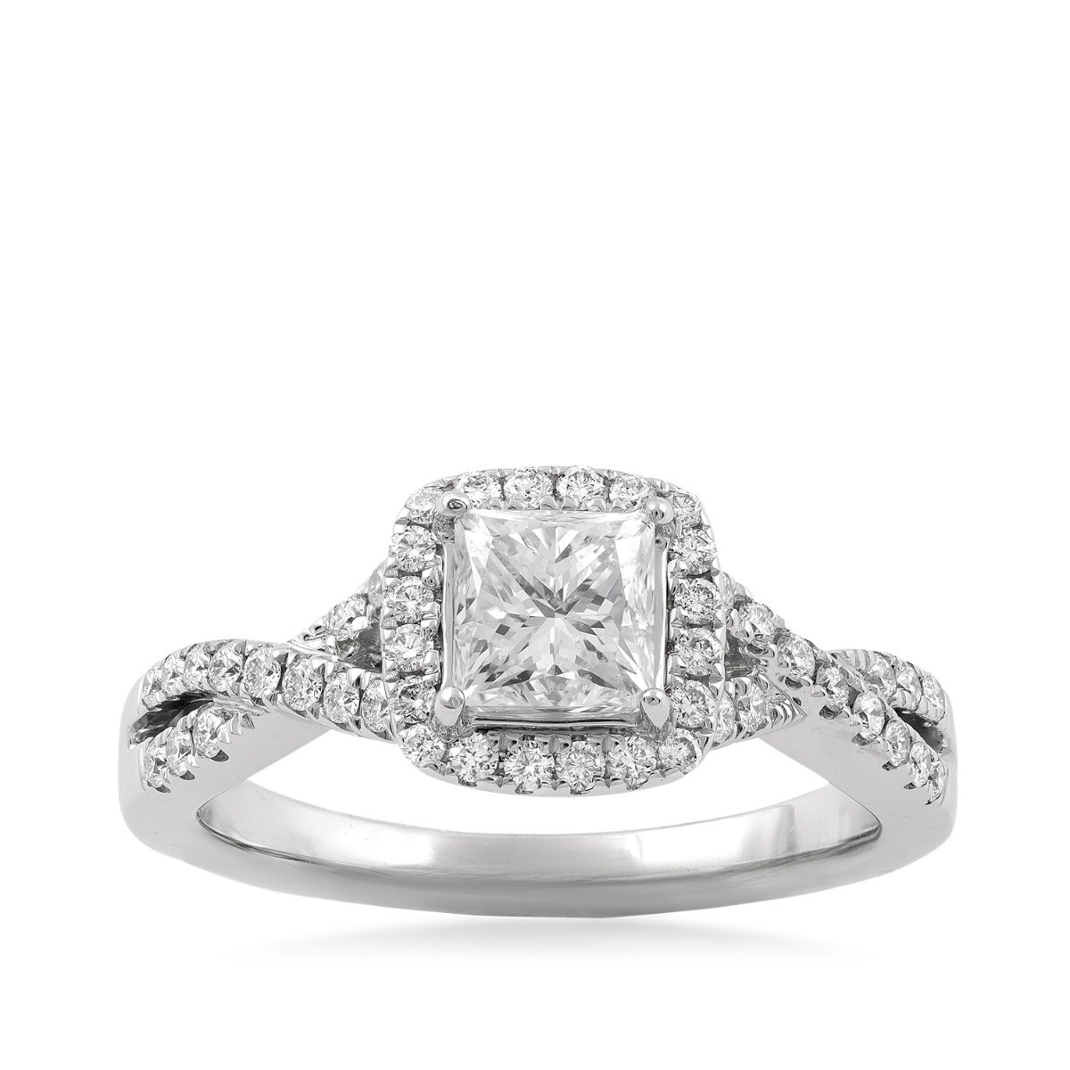 Natural 1-1/3 ct. tw. Princess Cut Diamond Halo Twist Engagement Ring in 18K White Gold