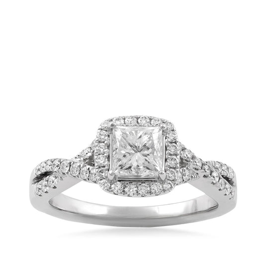 Natural 1-1/3 ct. tw. Princess Cut Diamond Halo Twist Engagement Ring in 18K White Gold