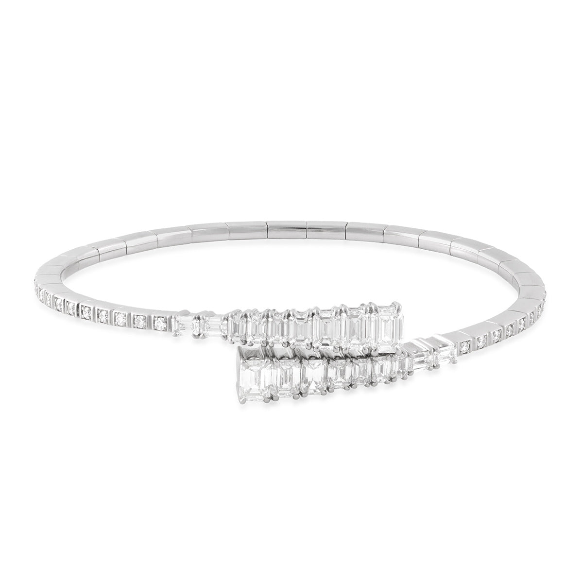 Sirus Tanya 3-1/2 ct. tw. Emerald Cut & Round Diamond Graduated Bypass Flexible Cuff Bracelet in 18K White Gold