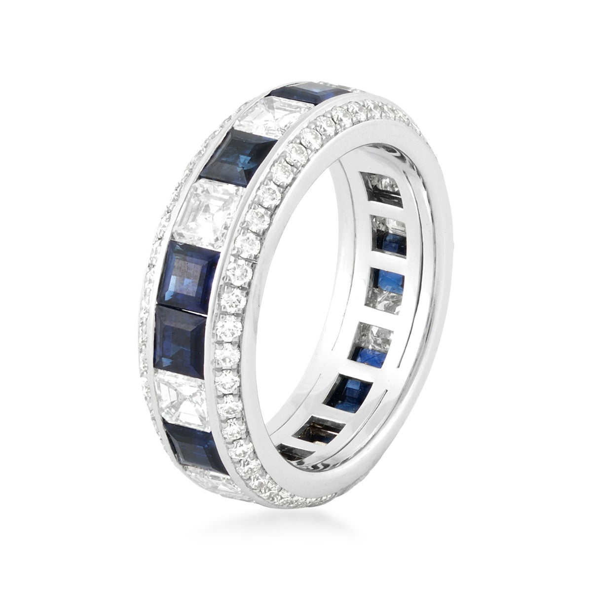 Sirus Tanya 2-7/8 ct. tw. Asscher Cut Diamond & Sapphire Channel Set Eternity Ring in 18K White Gold front view