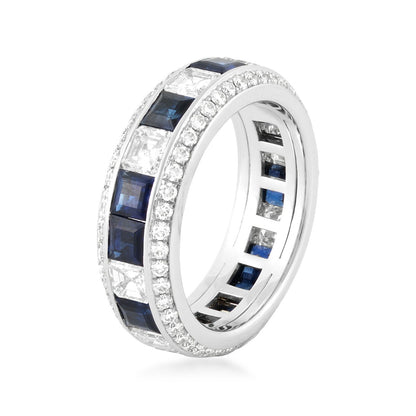 Sirus Tanya 2-7/8 ct. tw. Asscher Cut Diamond & Sapphire Channel Set Eternity Ring in 18K White Gold front view