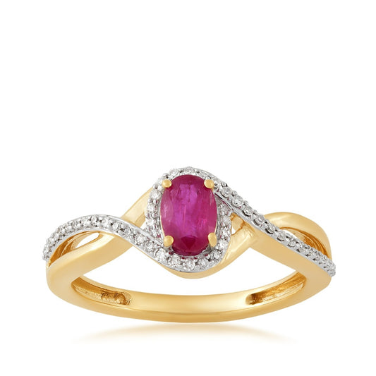 Infinite Love Oval Ruby & 1/10 ct. tw. Diamond Halo Crossover Ring in 10K Yellow Gold (2)