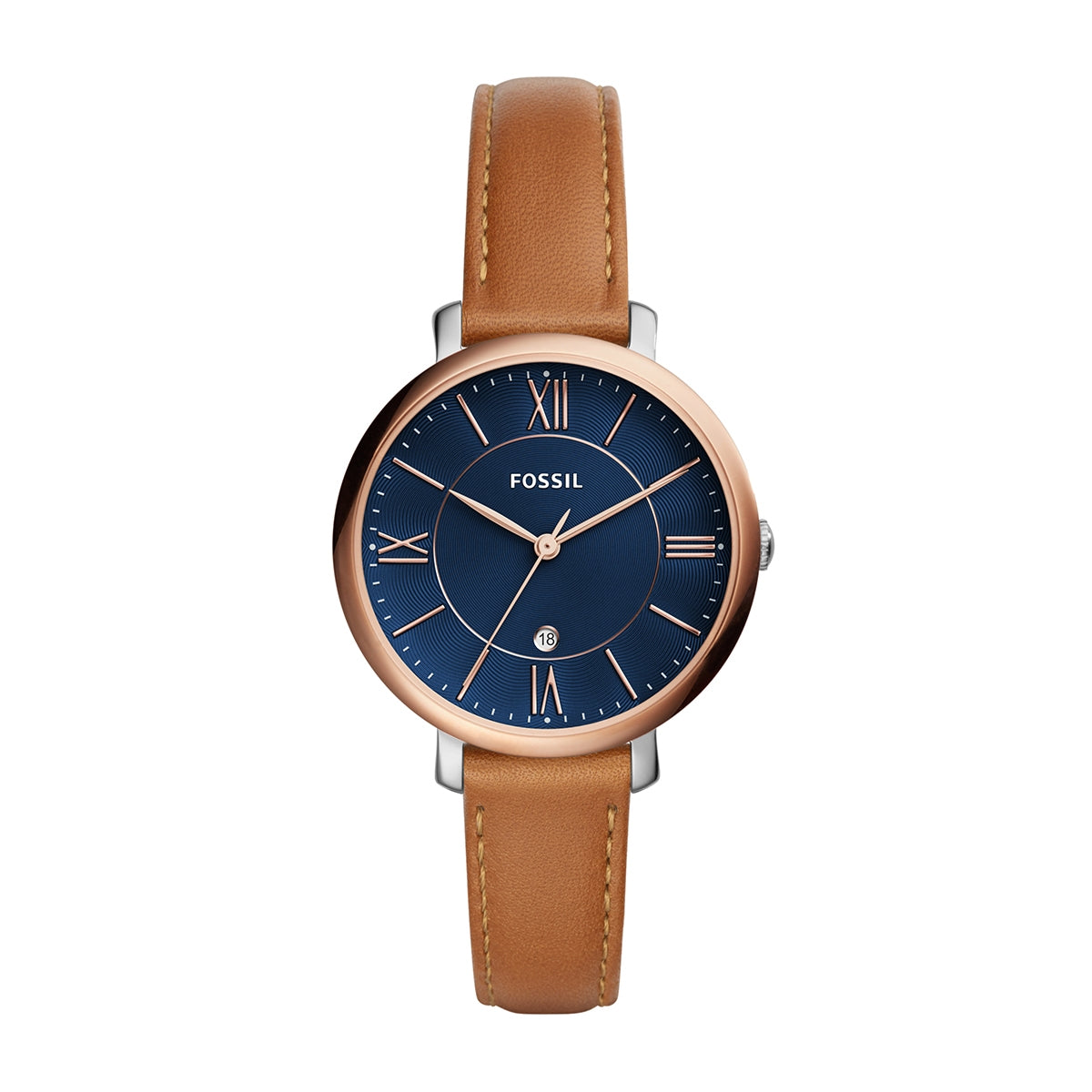 Fossil Ladies' Jacqueline Quartz White & Rose Gold-Tone Stainless Steel Watch with Blue Dial & Leather Strap