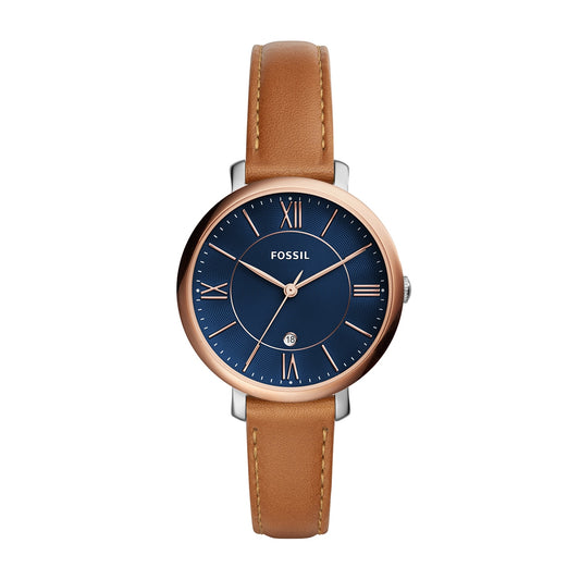 Fossil Ladies' Jacqueline Quartz White & Rose Gold-Tone Stainless Steel Watch with Blue Dial & Leather Strap